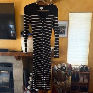 Evereve  navy  and Cream Striped Long-Sleeve Button Front Dress